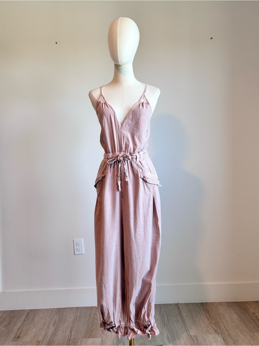 free people dusty mauve pink cargo jumpsuit cinched hem bow waist size xs